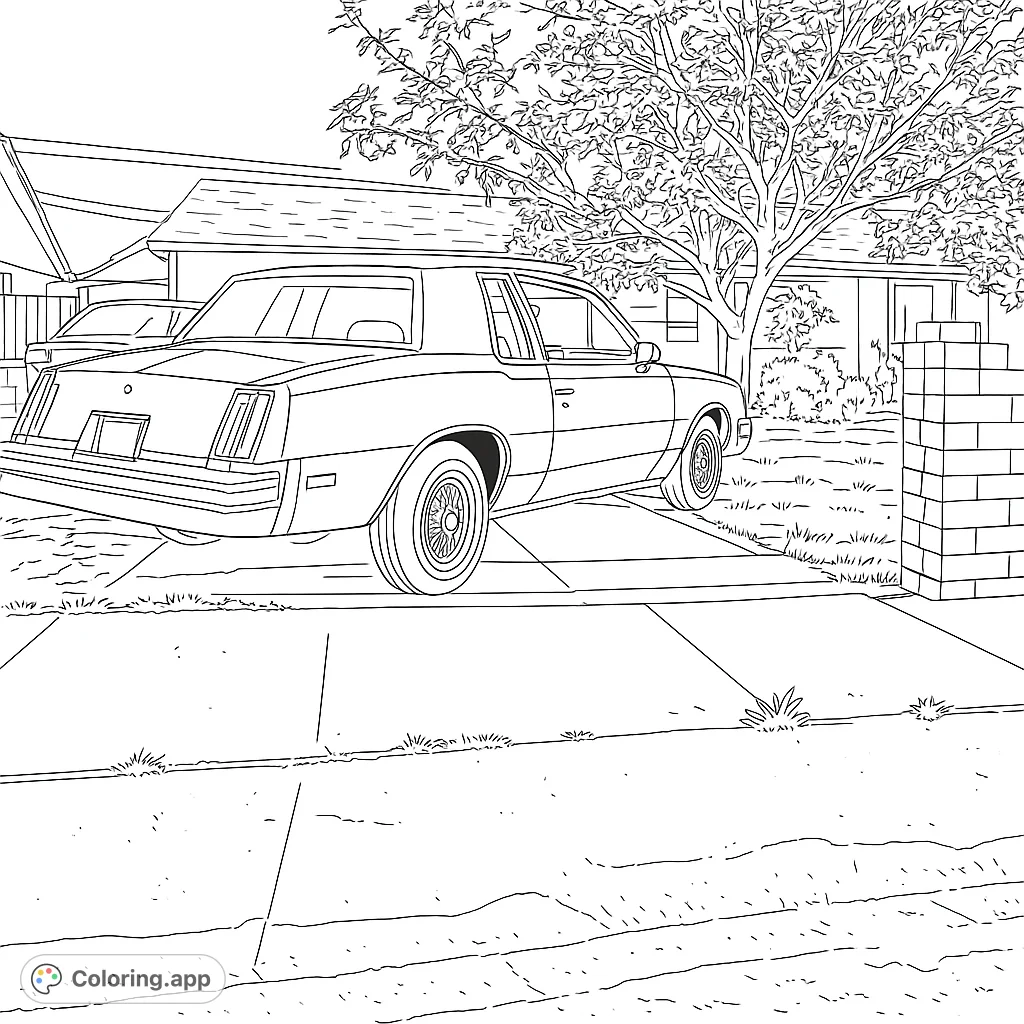 A classic two-door car parked in a suburban driveway with a house and large leafy tree in the background. Perfect for vintage car enthusiasts.