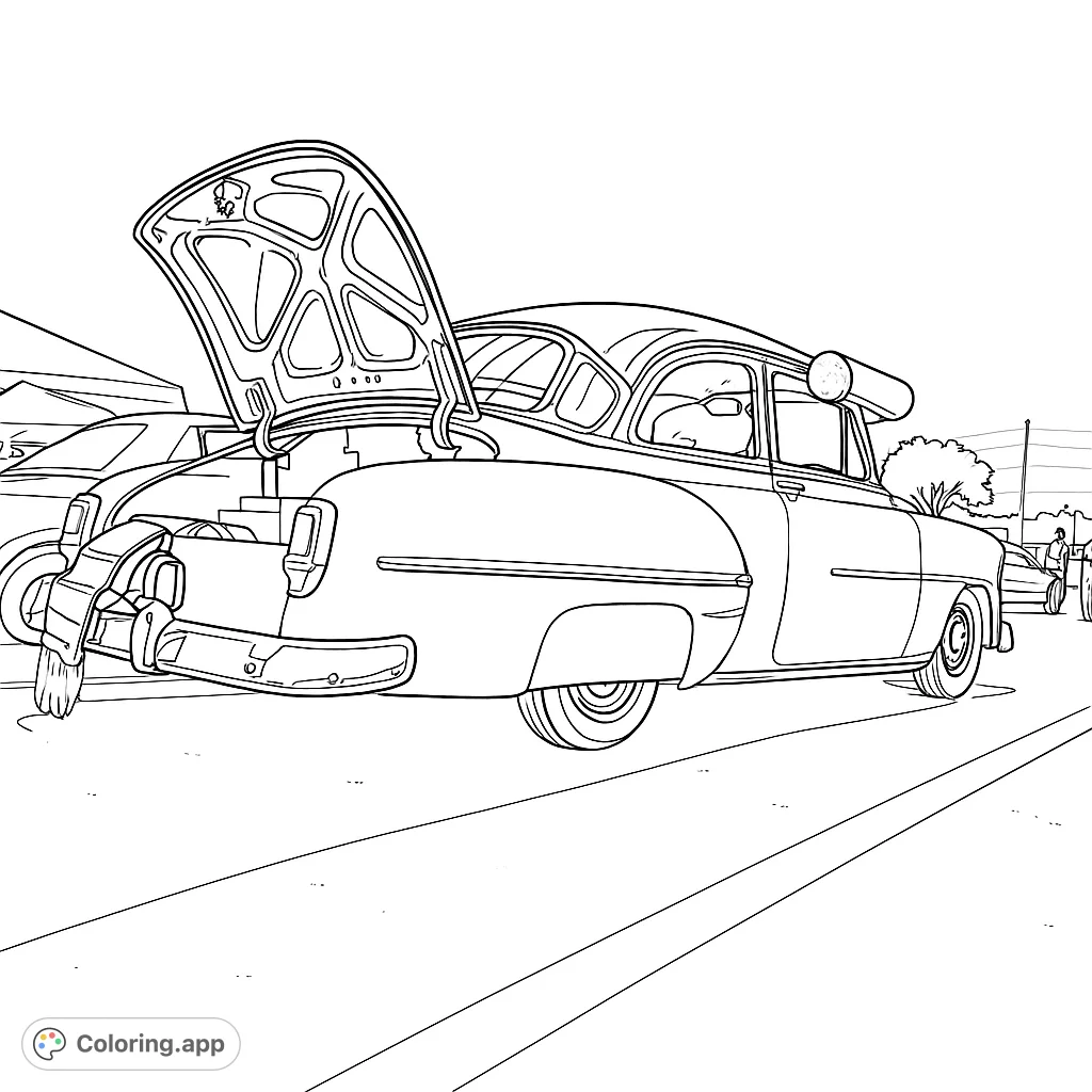 A detailed vintage car coloring page with an open trunk, perfect for car enthusiasts. Free printable classic car design for all ages.