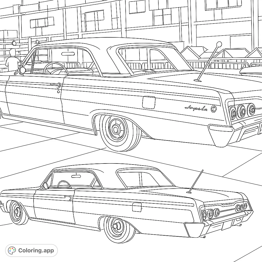 Two detailed views of a classic 1962 Impala, perfect for vintage car enthusiasts. A free printable classic car coloring page for all ages.