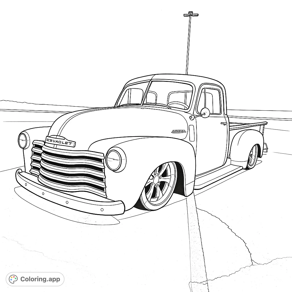 Color a detailed vintage lowered pickup truck with custom wheels on cracked pavement. A free printable classic truck coloring page for all ages.
