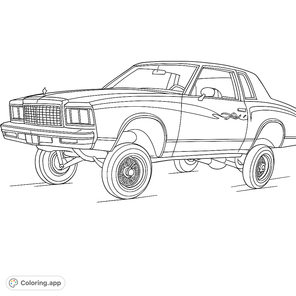A cool lowrider car with raised suspension and intricate details, perfect for a free printable lowrider car coloring page for all ages.