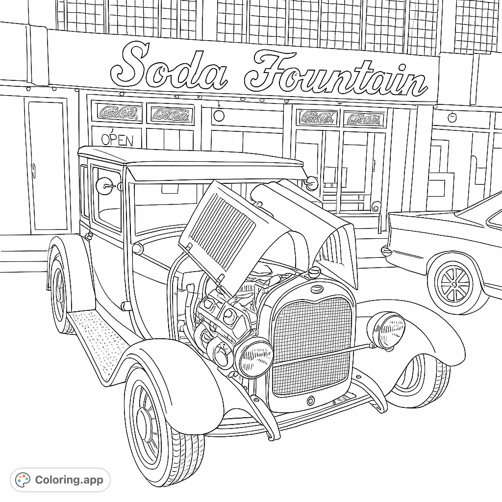 Detailed vintage Ford hot rod coloring page. A classic car with an open hood, perfect for car enthusiasts to color.