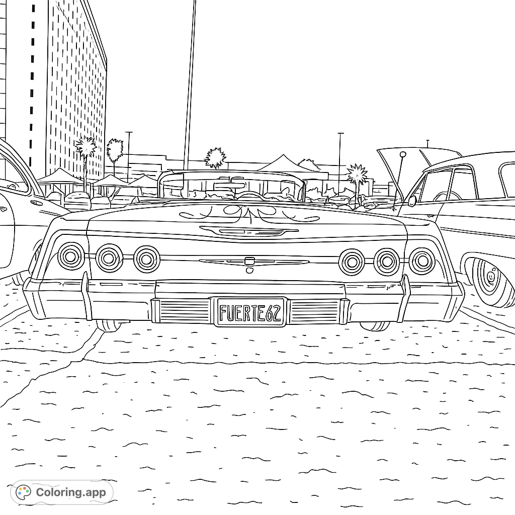 Detailed line art of a classic lowrider car's rear. A fun coloring activity for car enthusiasts and those who love vintage vehicles.