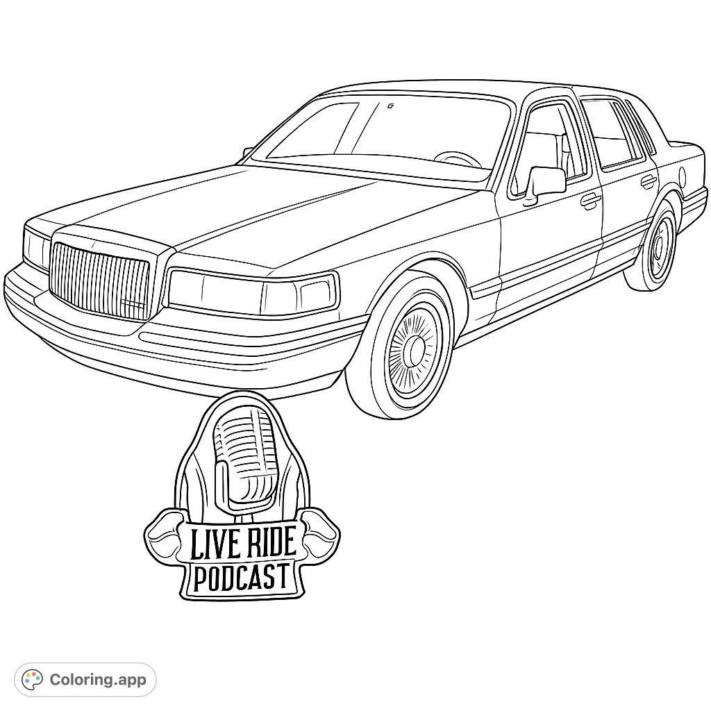 Detailed line art of a classic Lincoln Town Car. A great coloring activity for car enthusiasts and those who love vintage automobiles.