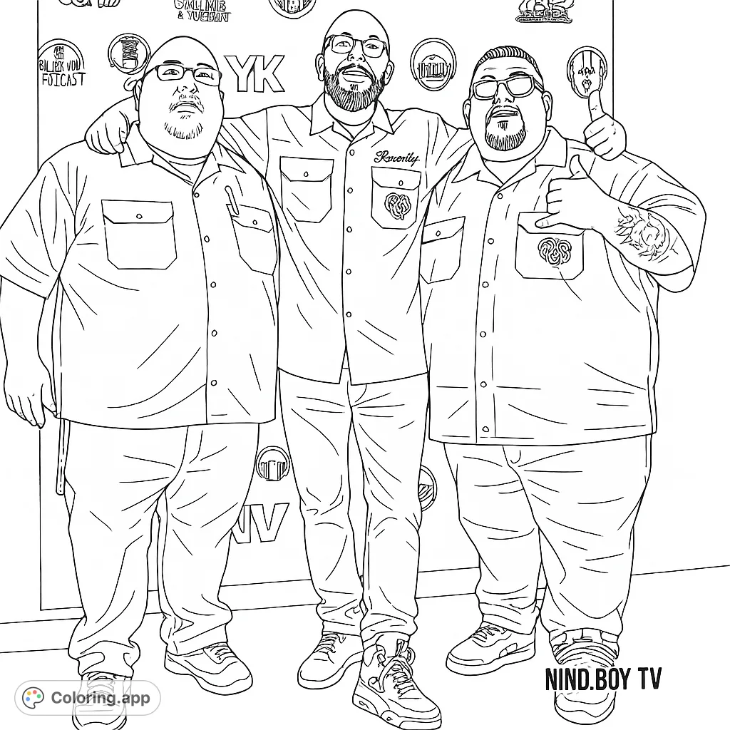 A detailed coloring page featuring three men in matching shirts, perfect for teens and adults who enjoy urban style and modern themes.