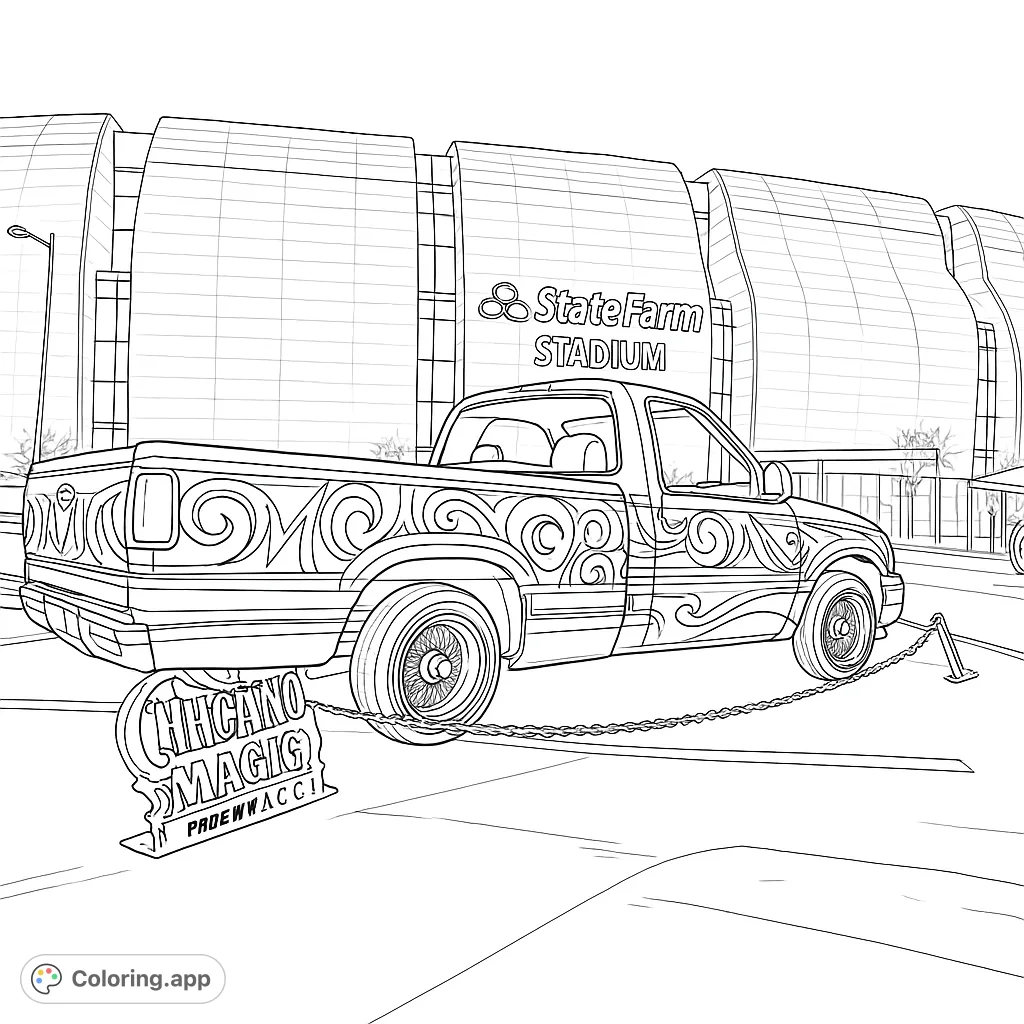 A custom lowrider truck with intricate swirl patterns parked before a grand stadium. A unique automotive coloring page for all ages.