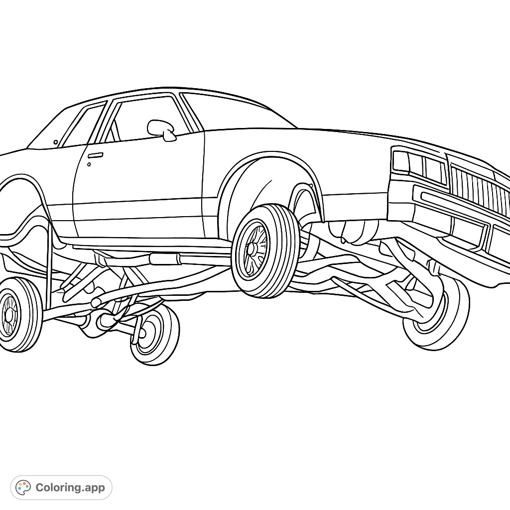 Dynamic lowrider car mid-hop, showcasing intricate hydraulic suspension. A cool, free printable lowrider coloring page for car enthusiasts of all ages.