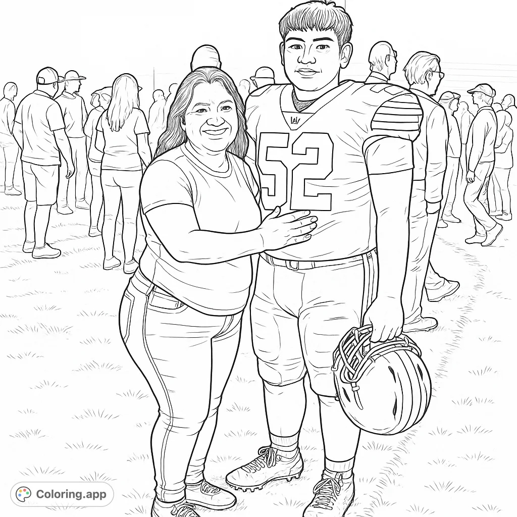 A heartwarming moment with a football player and his proud mom. Color the details of the uniform and the love between them.