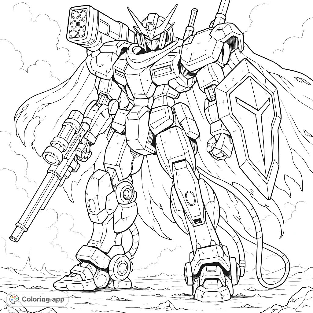 Unleash your creativity with this detailed mech warrior coloring page, featuring a powerful robot with a rocket launcher, rifle, and shield.