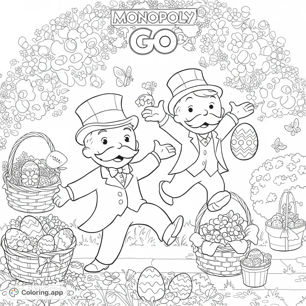 Springtime fun with Monopoly Go! Color in these adorable characters enjoying a spring theme.