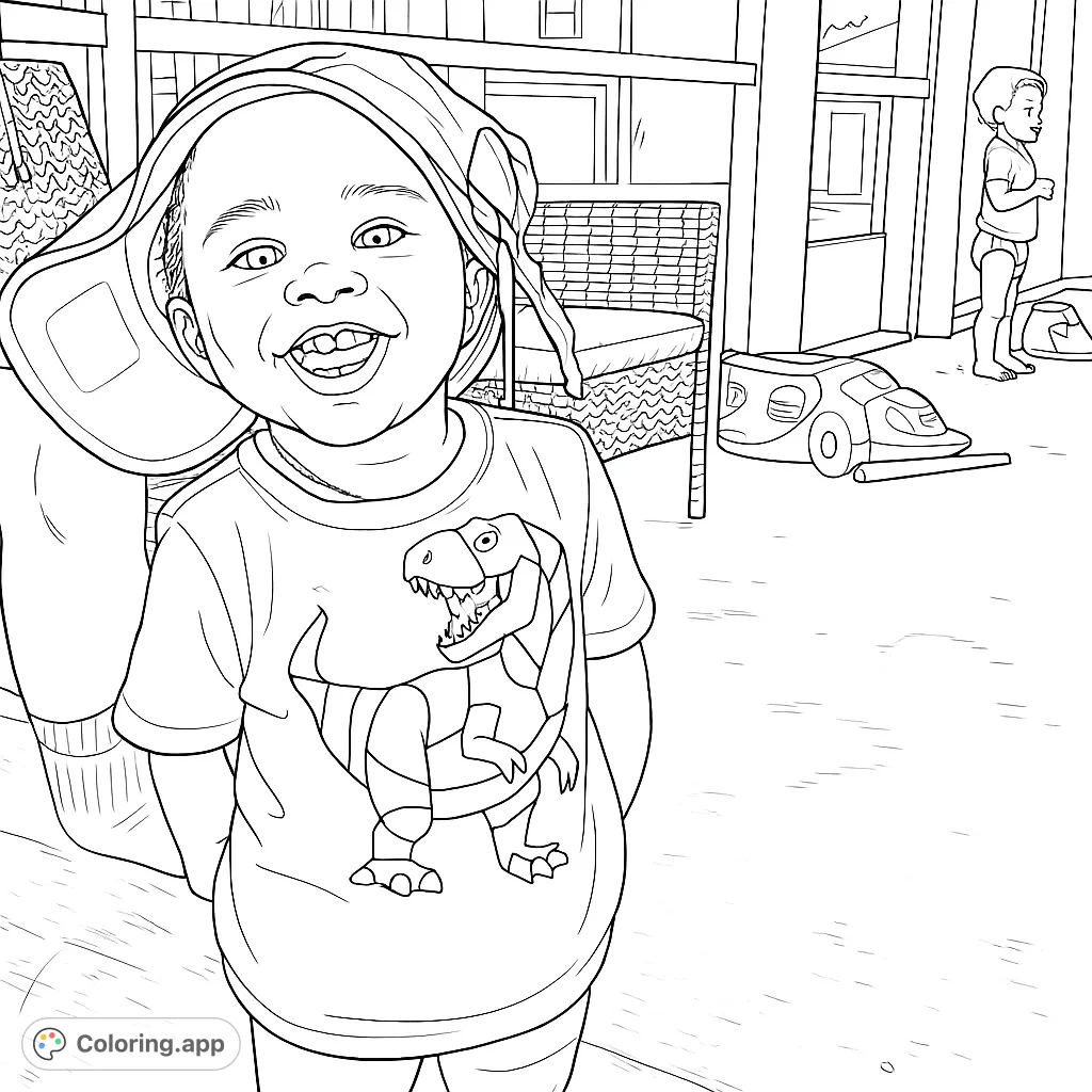 A cute toddler with a dinosaur shirt and hat. This coloring page is perfect for kids who love dinosaurs and want to express their creativity.