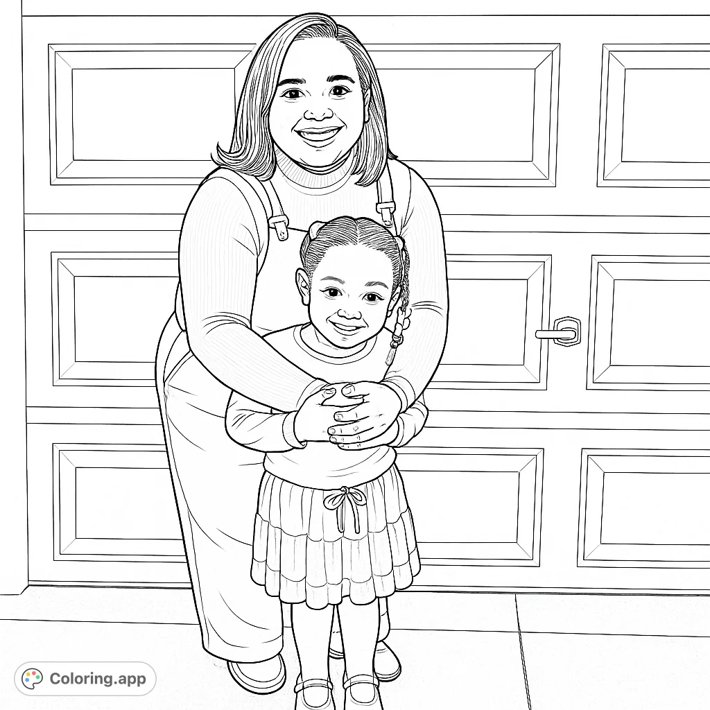 A heartwarming family bonding coloring page featuring a mother embracing her daughter. A free printable coloring page perfect for all ages.