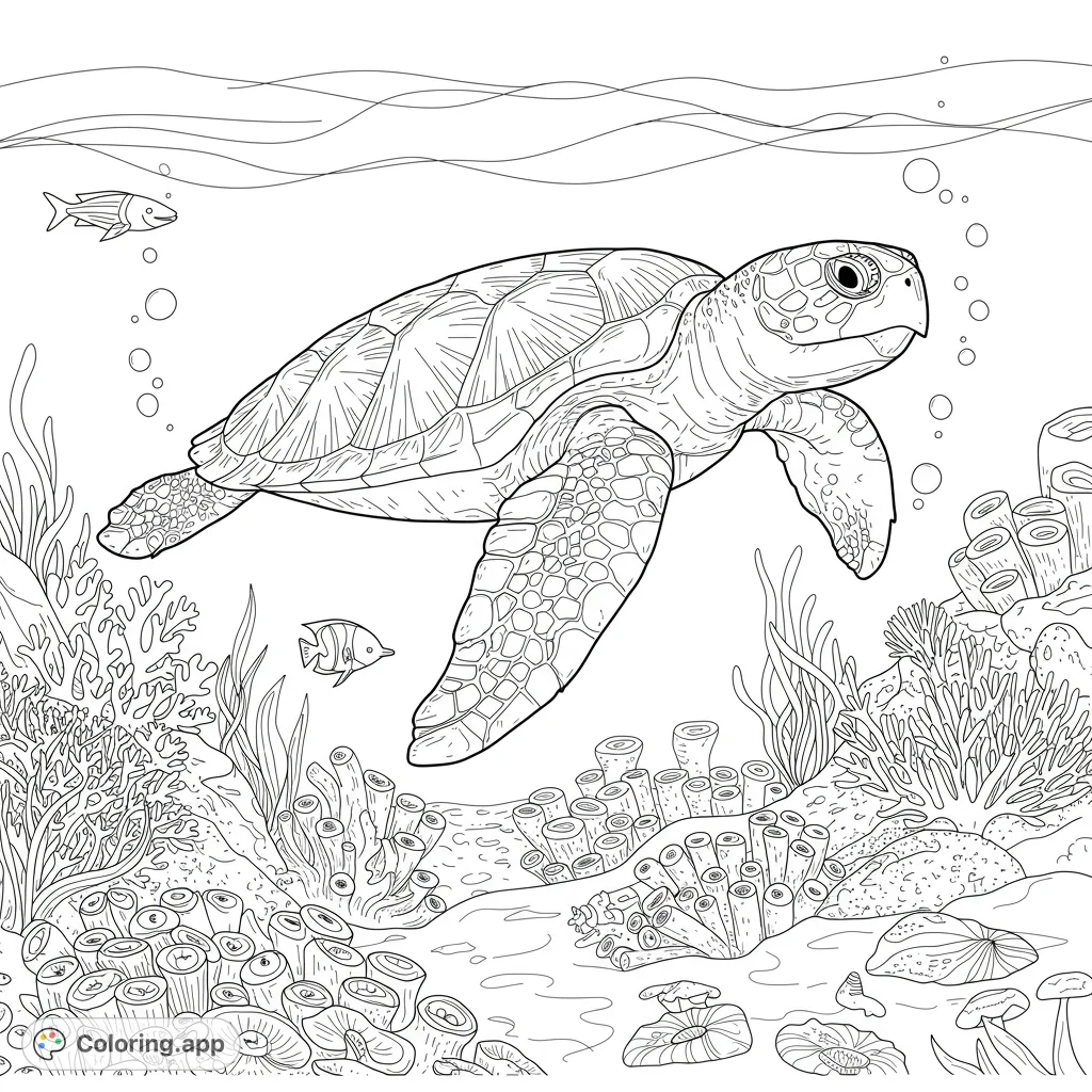 Dive into a serene ocean scene! This coloring page features a majestic sea turtle swimming amongst coral and bubbles.