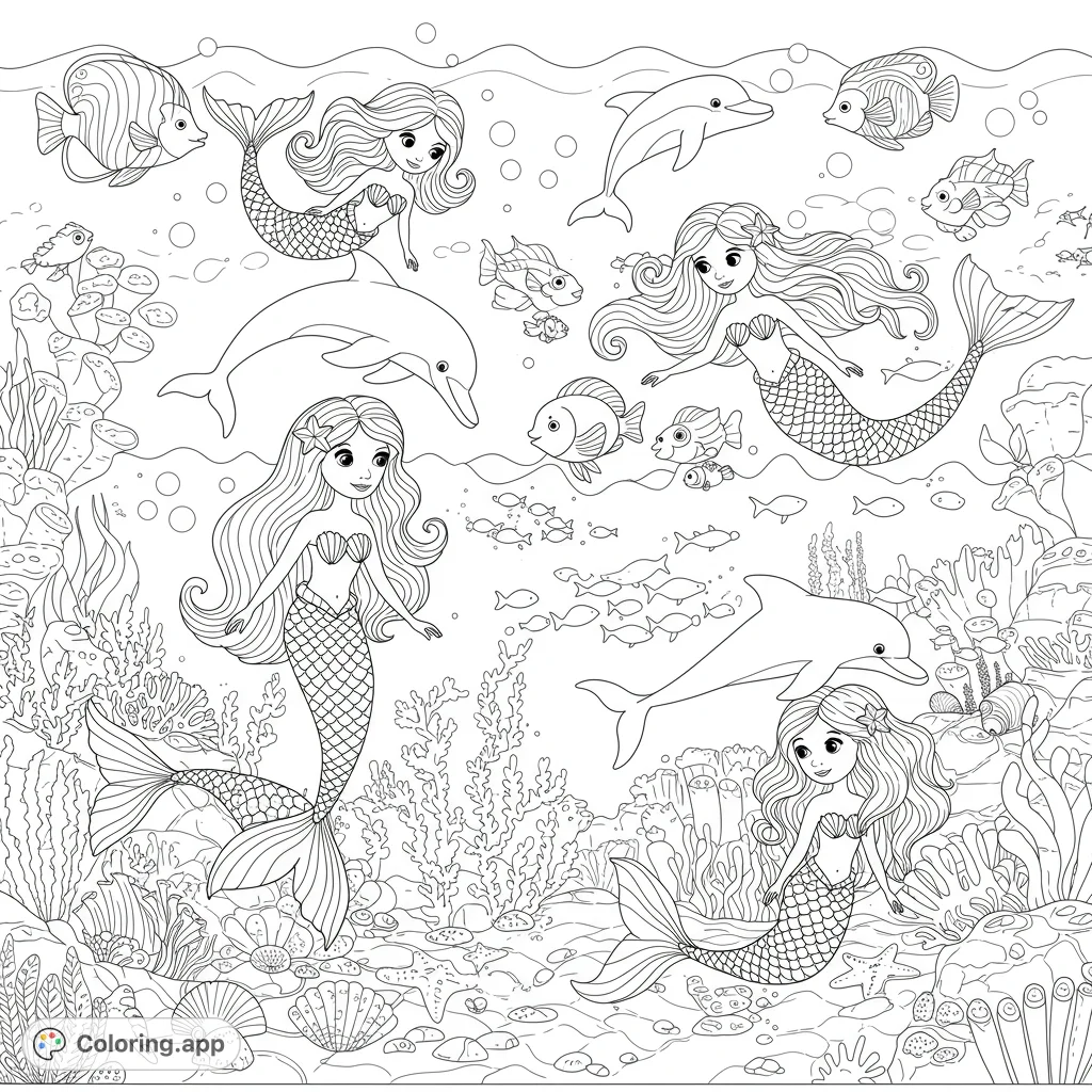 Dive into an enchanting mermaid coloring page featuring graceful mermaids, playful dolphins, and vibrant sea life amidst intricate coral reefs. Perfect for all ages.