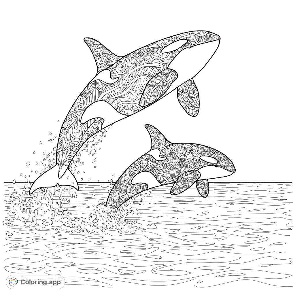 Dive into this intricate orca coloring page featuring two majestic killer whales adorned with detailed zentangle patterns, leaping from the ocean waves.