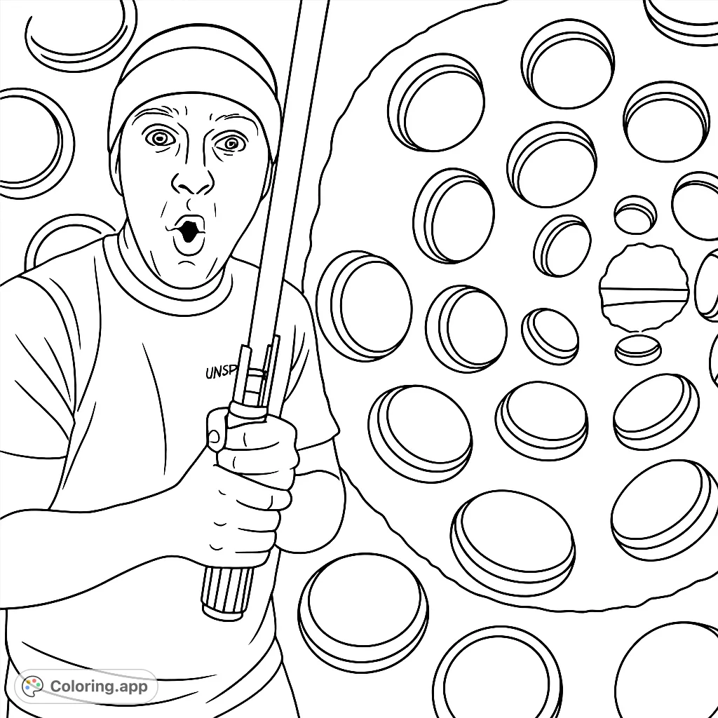 Color this fun image of a man with a lightsaber and lots of buttons! A unique and exciting coloring page for kids and adults alike.