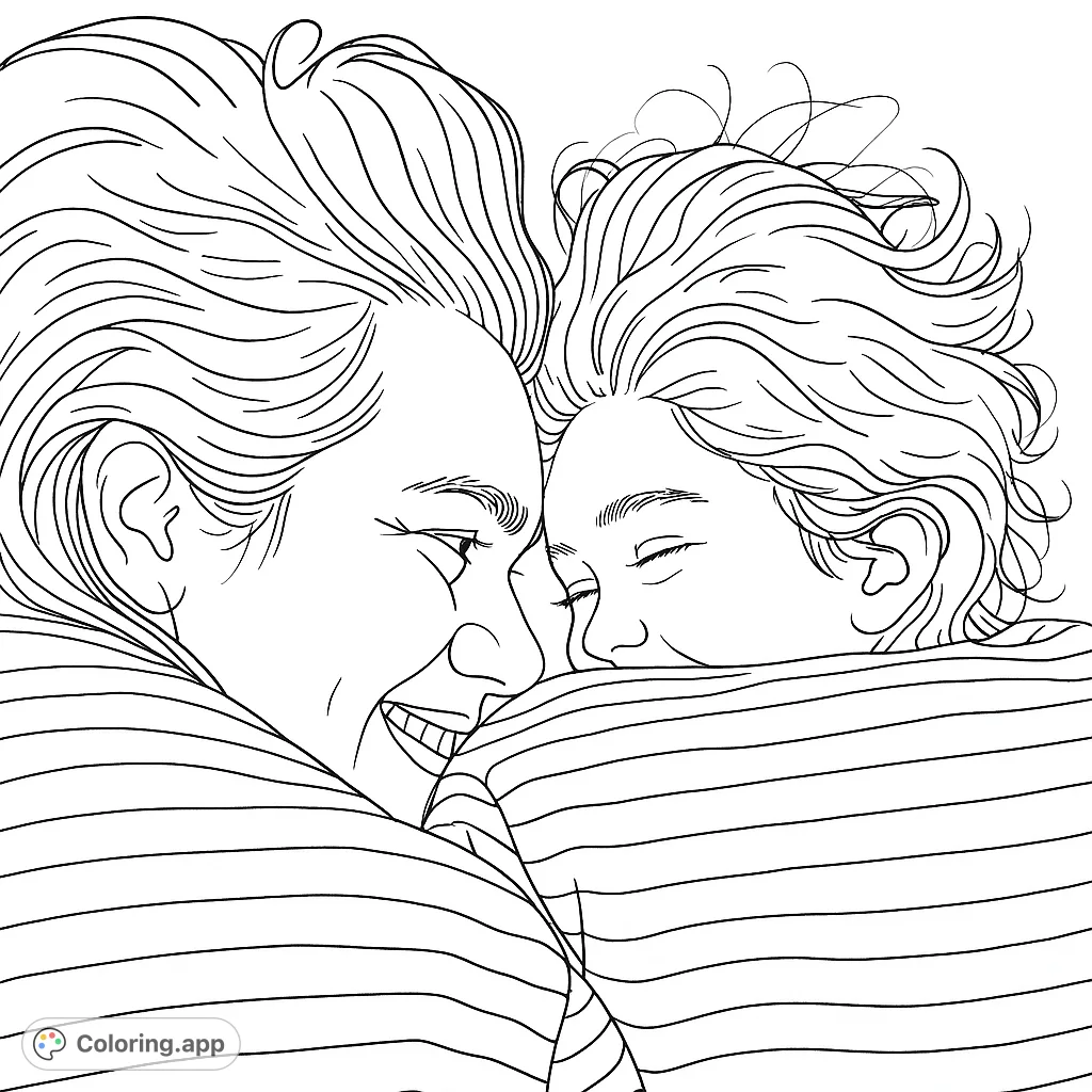A heartwarming scene of two people, likely parent and child, sharing a tender embrace, perfect for a cozy coloring session.
