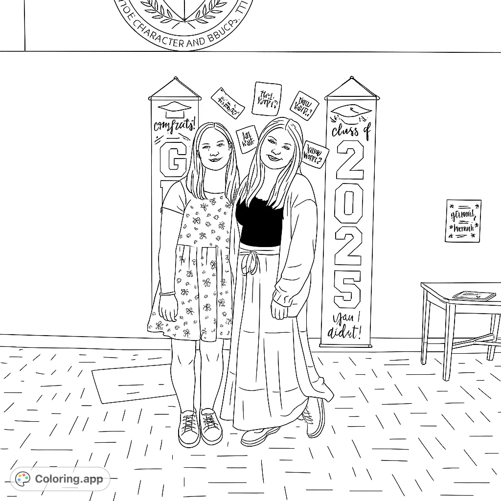 A charming coloring page featuring two young women celebrating graduation in style. Capture the joy of this special milestone with your colors!