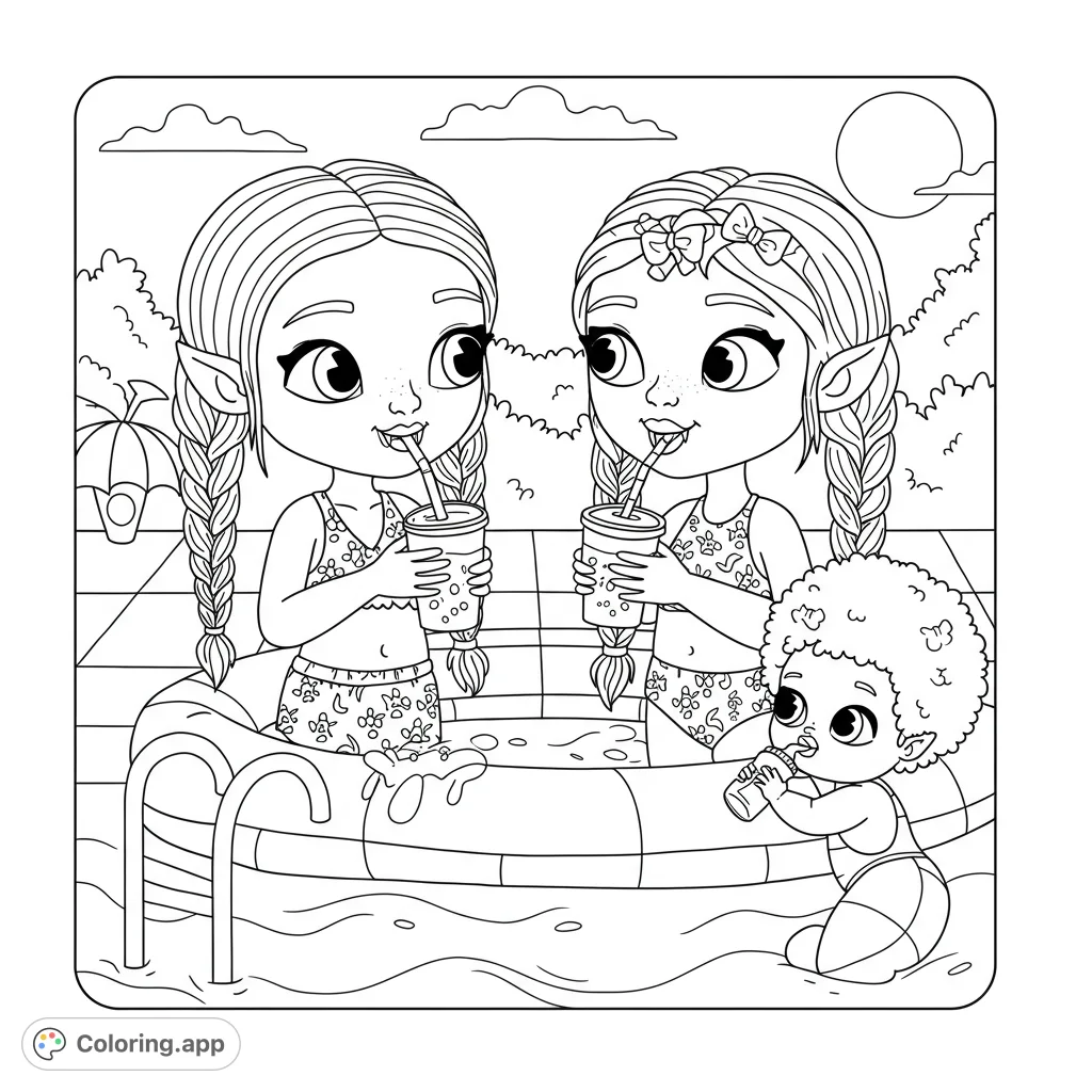 Dive into a delightful fantasy pool party coloring page featuring adorable pointed-ear characters enjoying summer fun with drinks in a vibrant pool setting.