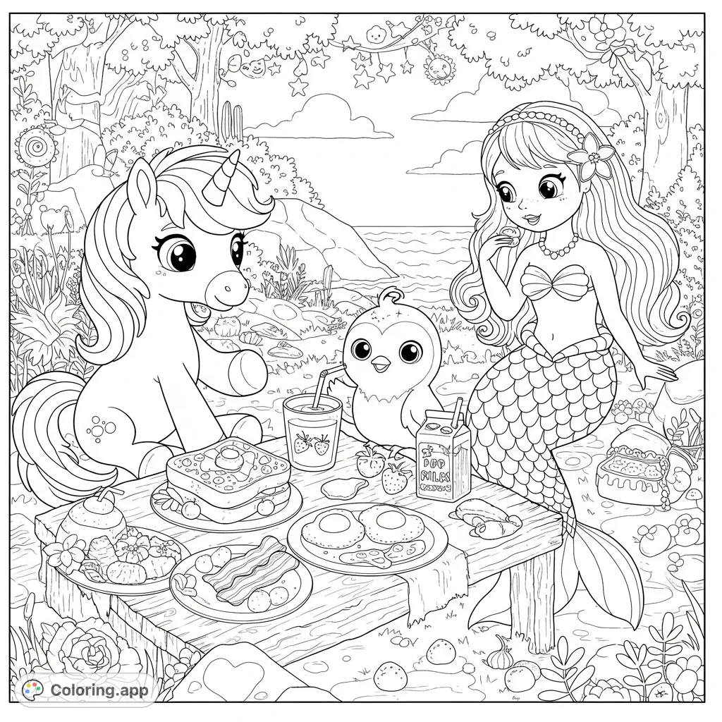 A delightful unicorn, mermaid, and bird enjoy a magical picnic by the water, featuring pancakes, eggs, and fruit. A charming fantasy scene for all ages.