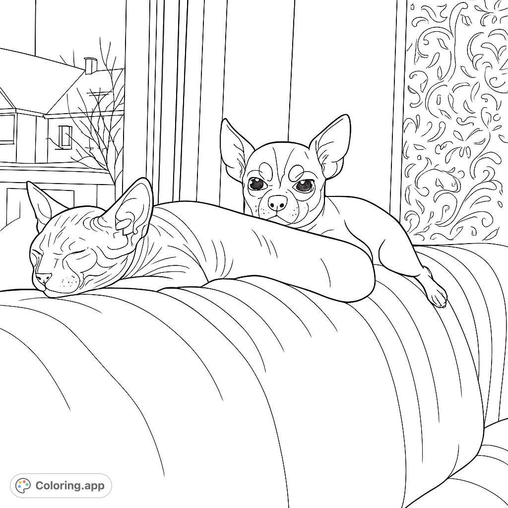 A cute chihuahua rests on a hairless cat. This coloring page features a unique pet friendship in a cozy, sunlit scene.