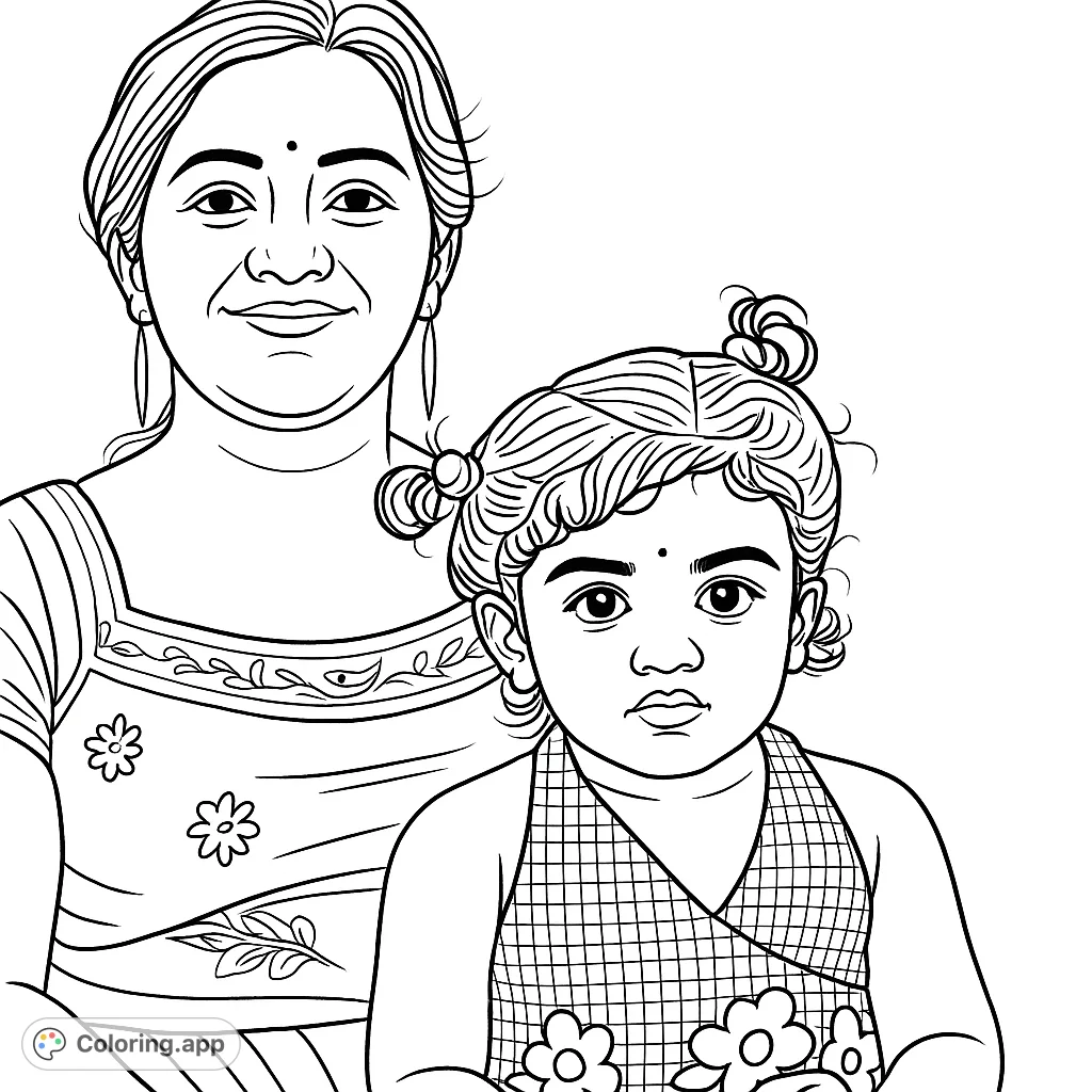A heartwarming black and white line drawing of a mother and child, perfect for a free printable family coloring page celebrating love and connection.