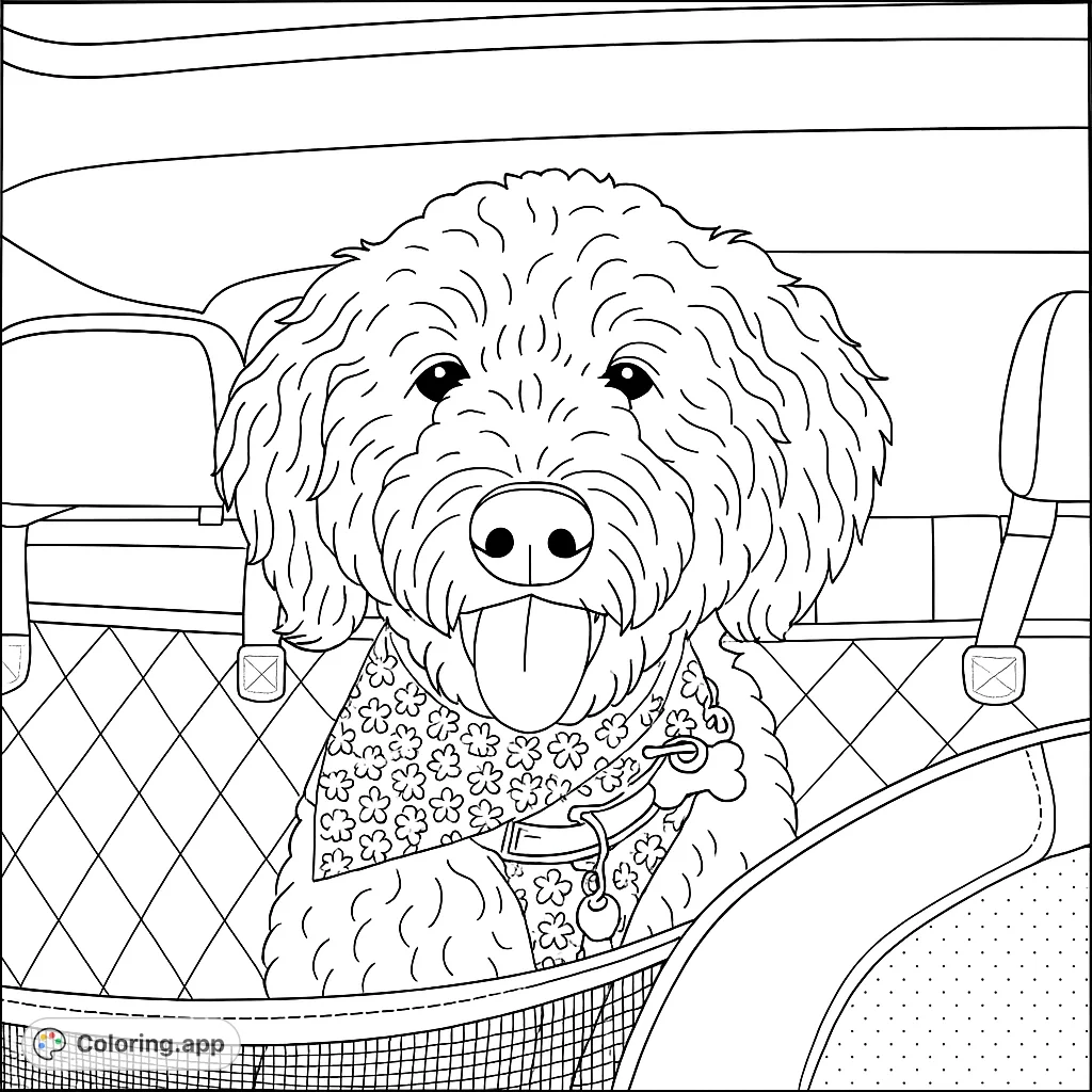 A delightful dog in a car seat, ready for adventure! This free printable dog coloring page features a happy pup with a patterned bandana, perfect for kids and adults.