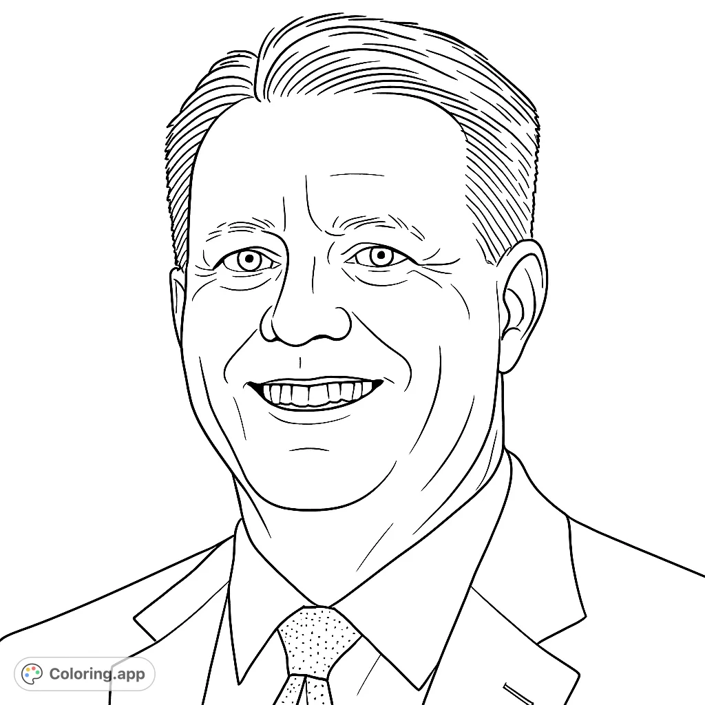 A detailed portrait of a smiling man in a suit and tie, perfect for a free printable portrait coloring page. Ideal for all ages.