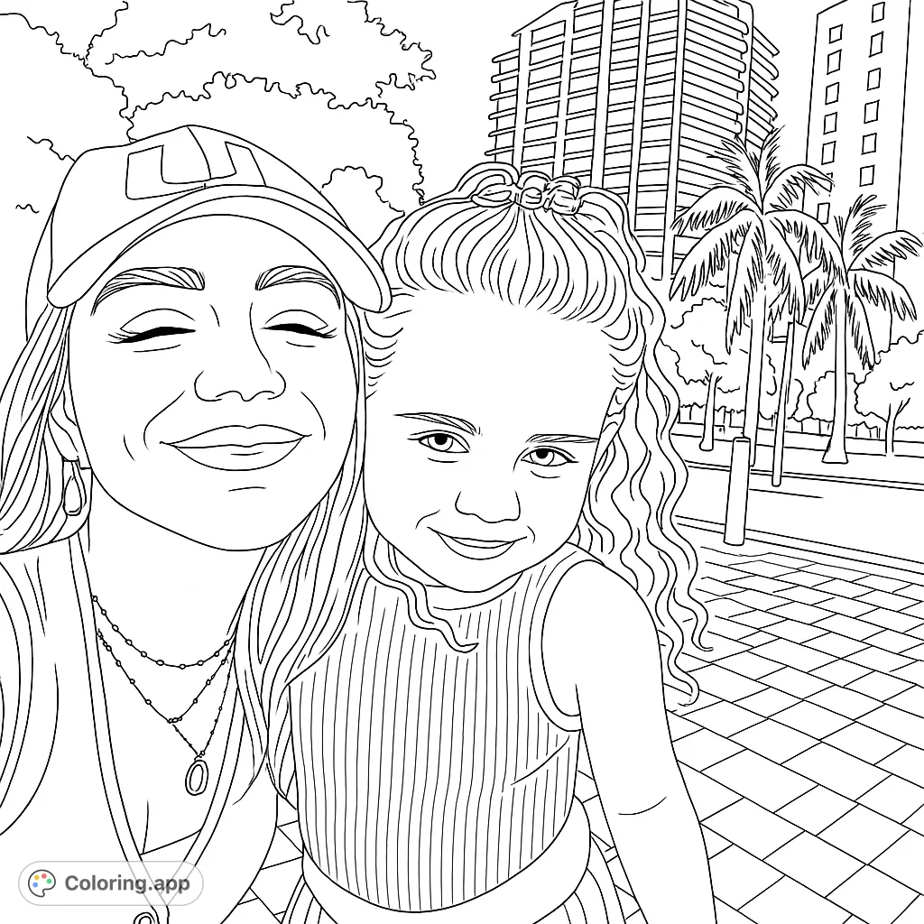 A heartwarming family portrait coloring page featuring a smiling woman and a young girl, set against an urban backdrop with palm trees. Perfect for all ages.