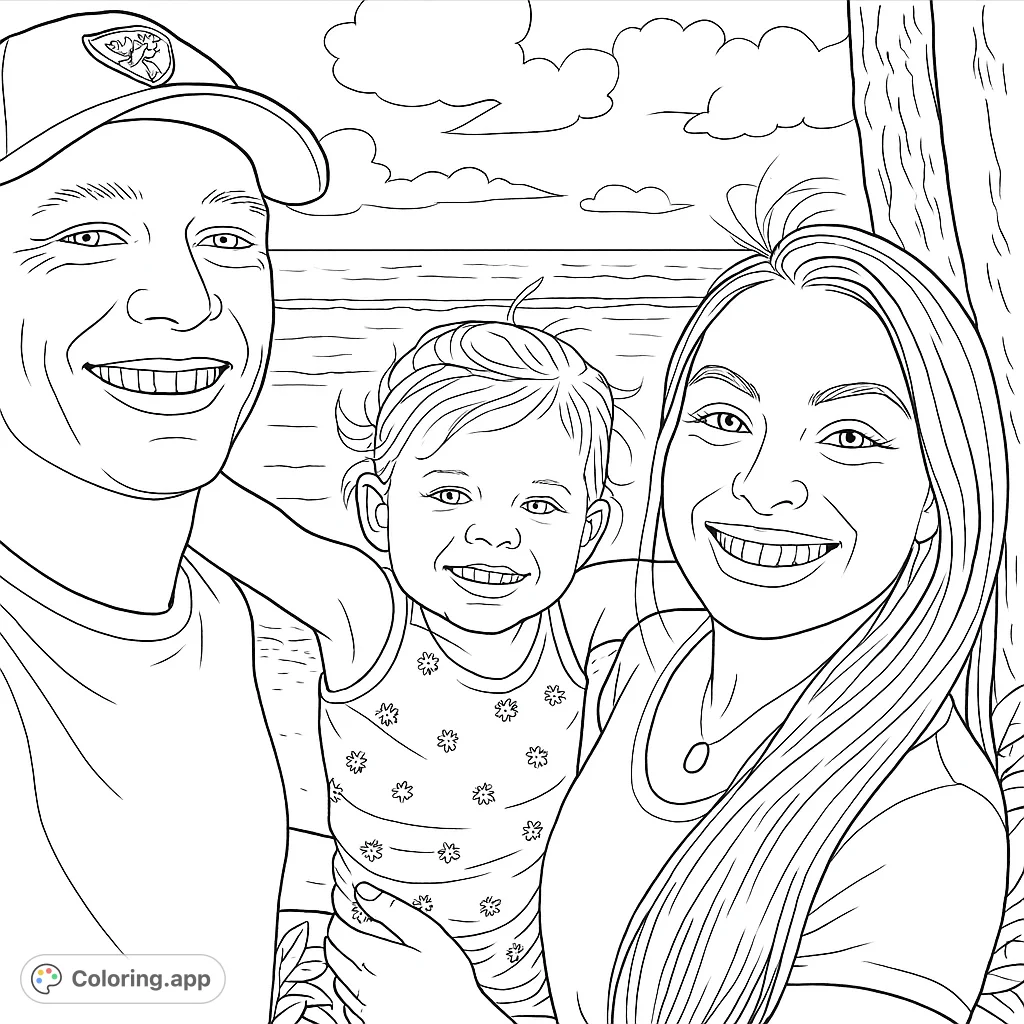 A heartwarming family portrait featuring a smiling man, woman, and child against a serene beach backdrop. Perfect for personalizing with vibrant colors.