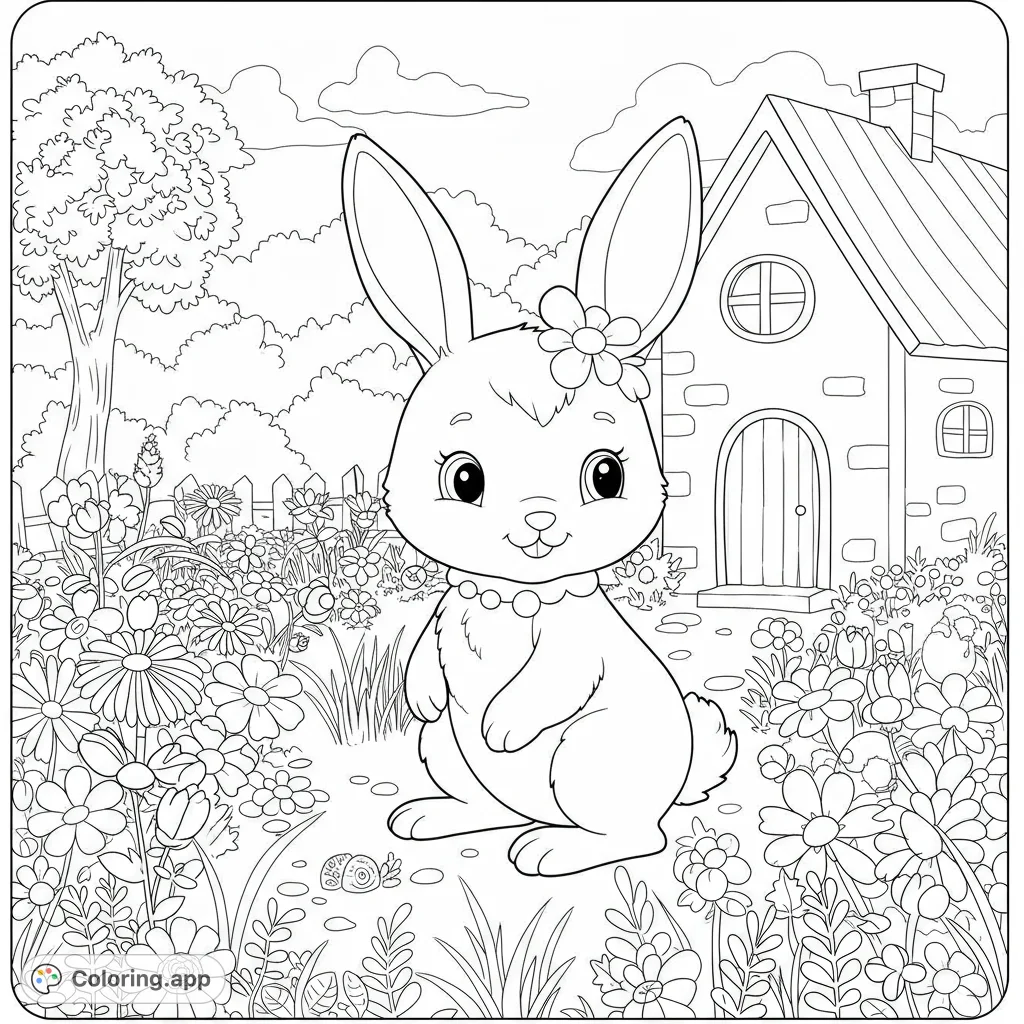 Adorable bunny with a flower in a vibrant garden, featuring a charming cottage. A delightful spring coloring page for all ages.