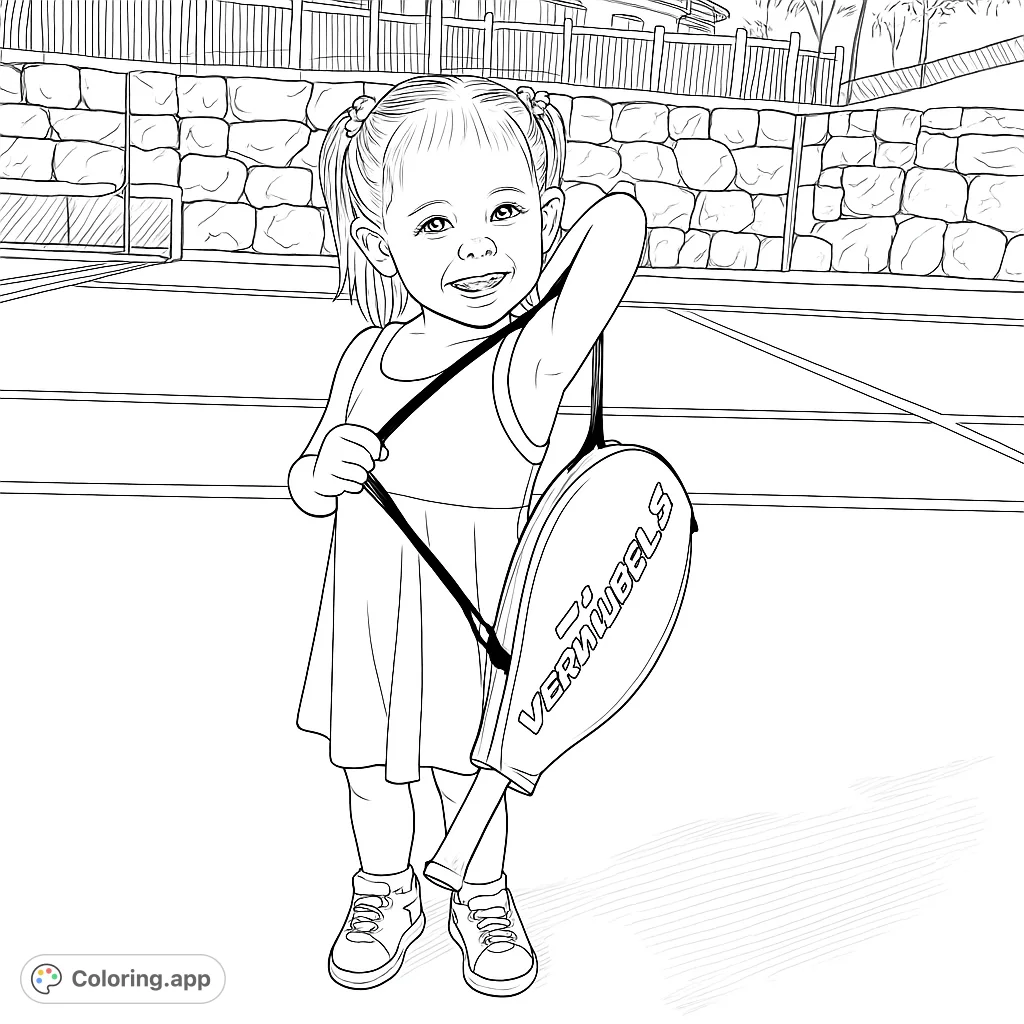 A cute girl with a tennis racket on the court, ready to play! A fun coloring page for kids who love sports and outdoor activities.