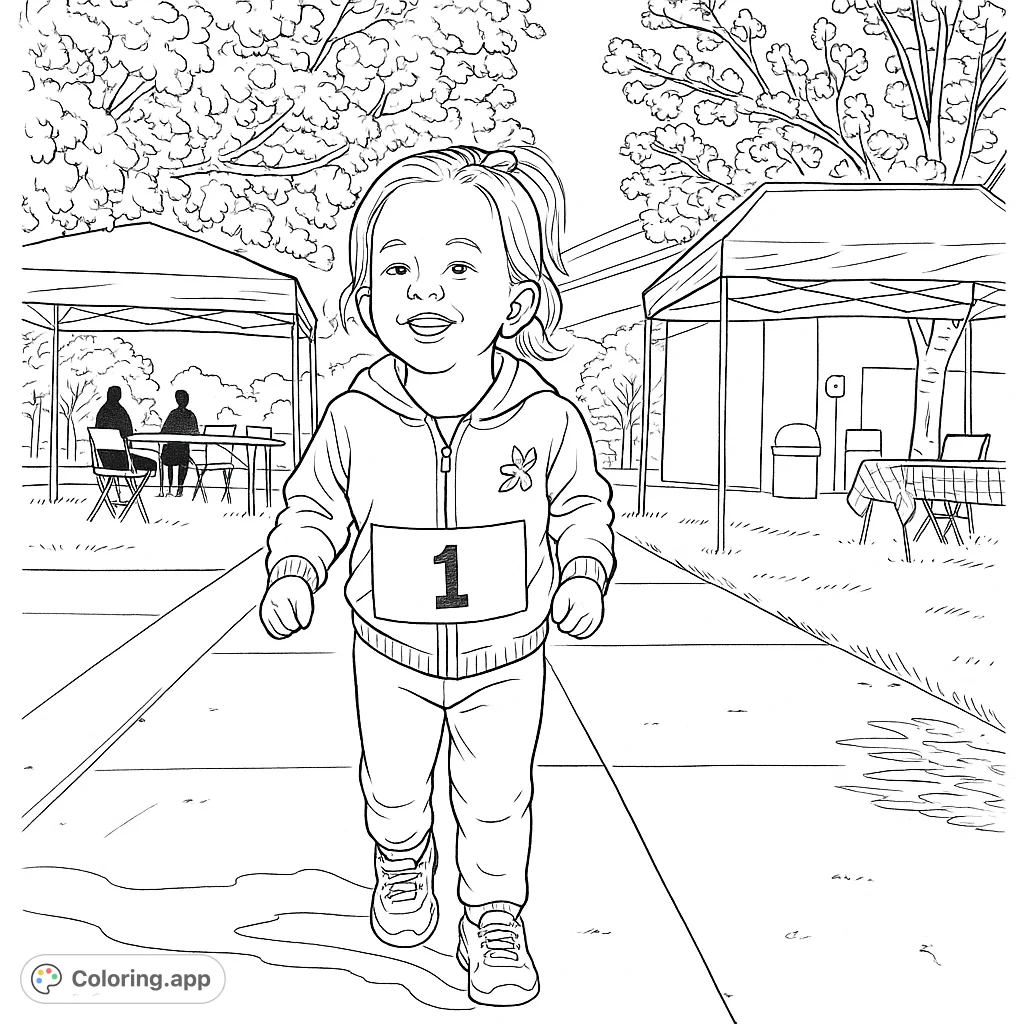 A joyful child with a race bib smiles while walking on a path at an outdoor event with tents and trees, perfect for a fun run coloring page.
