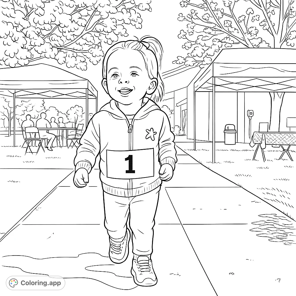 A joyful child in a race bib at an outdoor community event, ready for a fun run. A free printable fun run coloring page for kids.