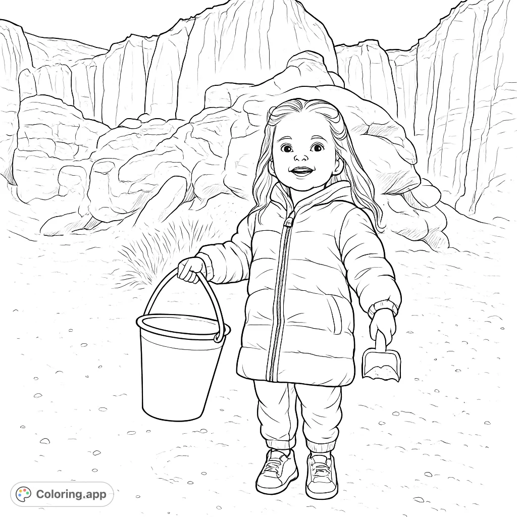 A cheerful girl with a bucket and shovel stands ready for adventure in a rugged rocky landscape. Perfect for a free printable coloring page.
