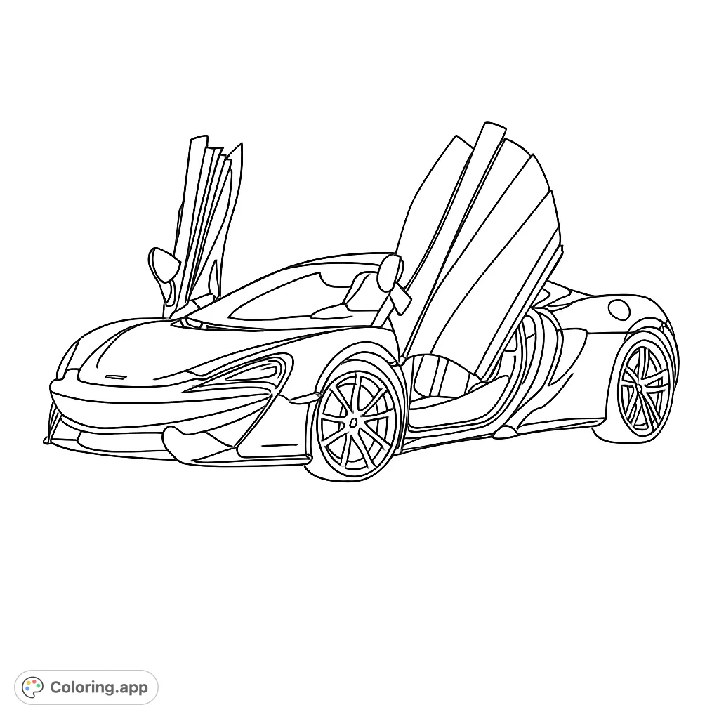 Unleash your creativity with this dynamic sports car coloring page featuring a sleek design and iconic open butterfly doors. Perfect for car enthusiasts!