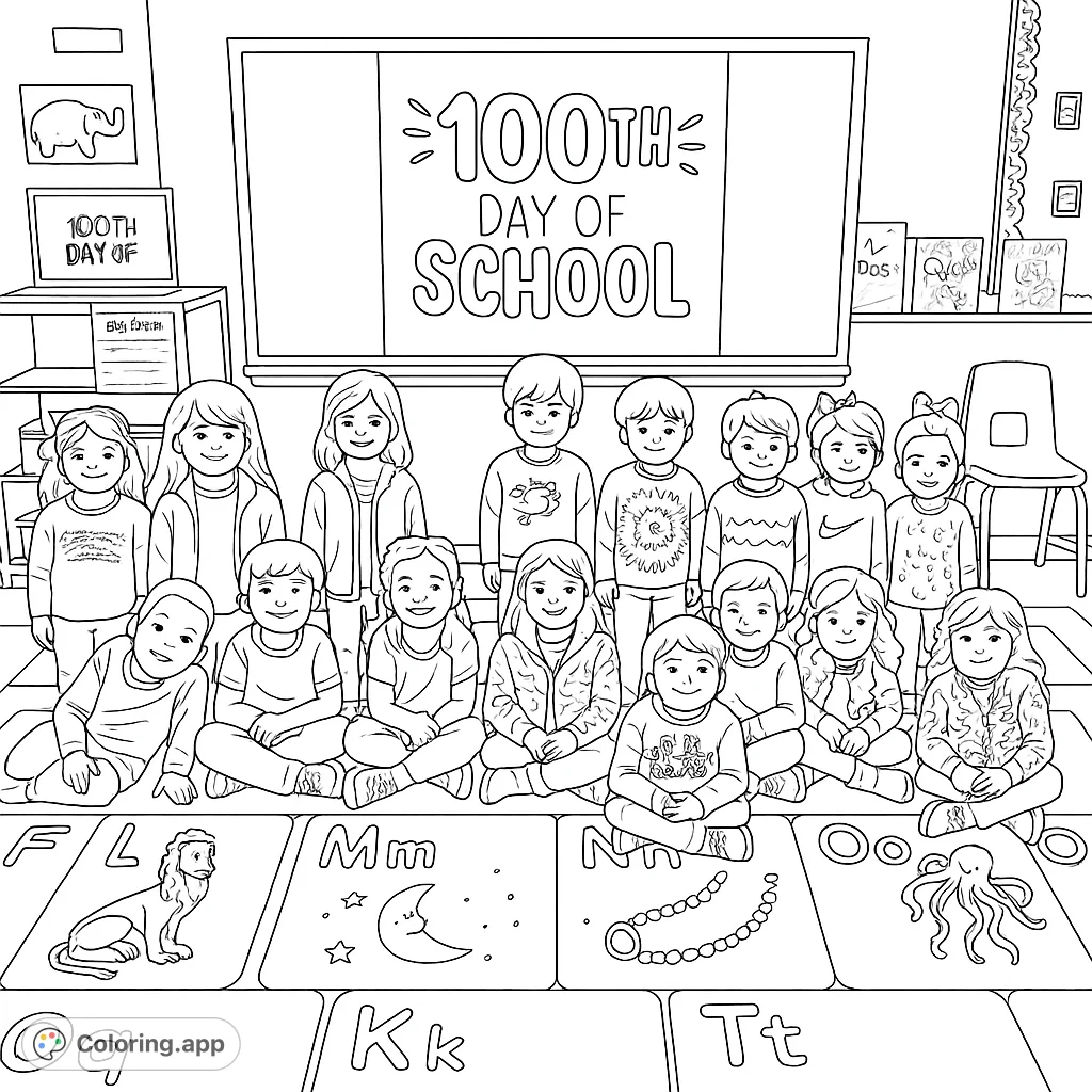 Celebrate the 100th Day of School with this free printable coloring page featuring a joyful classroom of kids and fun alphabet mats. Perfect for young learners!