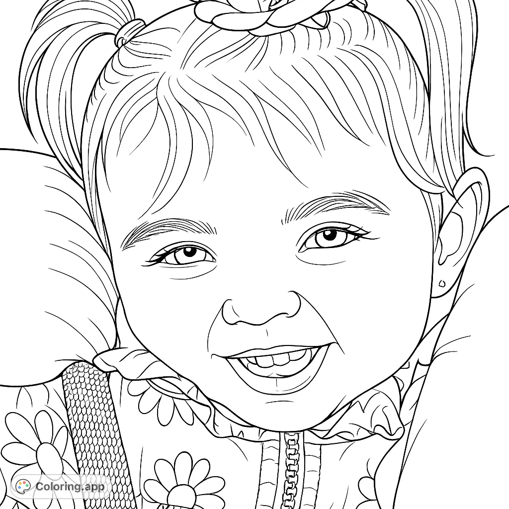 Capture pure joy with this free printable baby portrait coloring page. Features a smiling baby with pigtails and a daisy-patterned outfit, perfect for kids and adults.