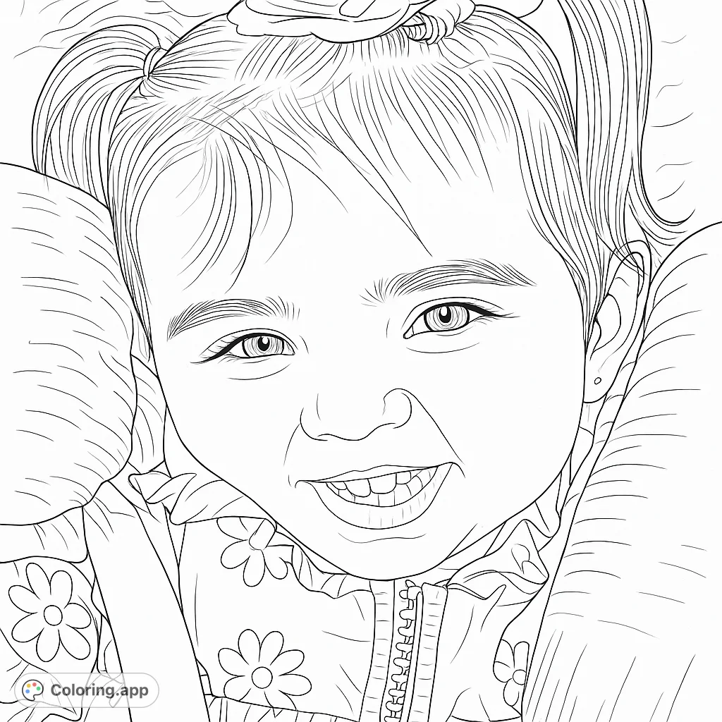 A delightful child portrait coloring page featuring a broadly smiling toddler with pigtails and a floral-patterned outfit, perfect for joyful coloring.