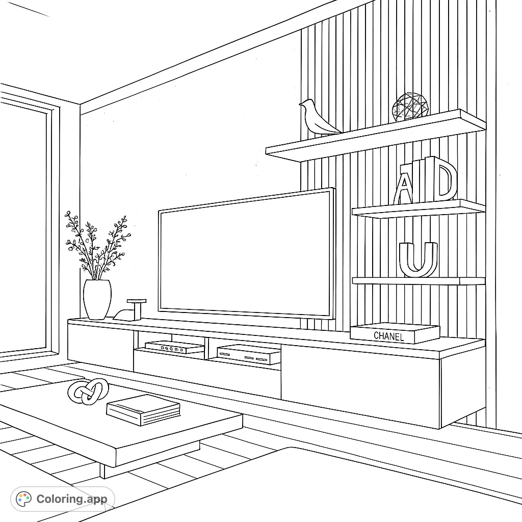 Detailed living room interior coloring page. Color in the TV, shelves, books, and decor in this modern home scene.