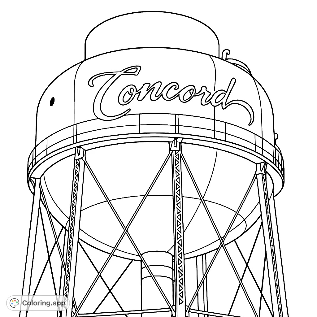 A detailed, free printable water tower coloring page featuring a classic industrial structure with intricate support beams, perfect for all ages.