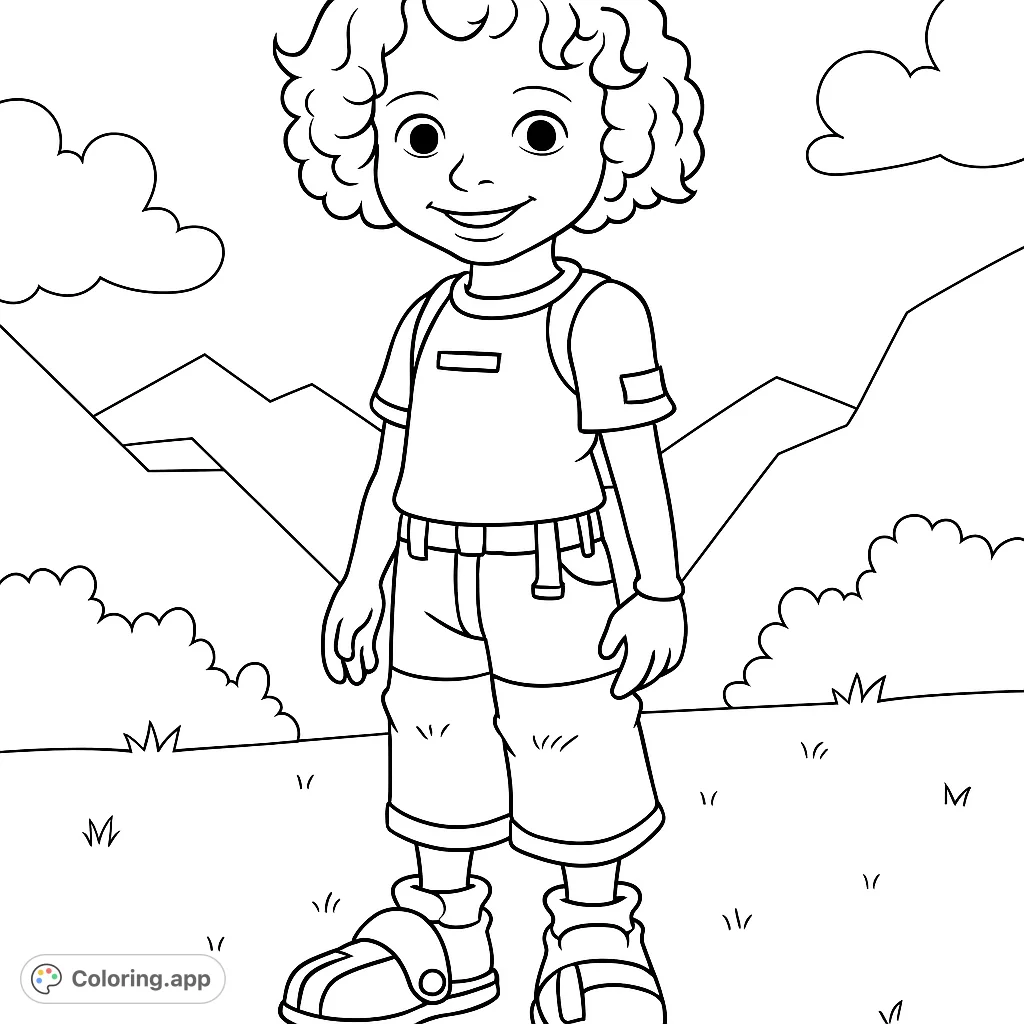 Color this cool kid adventurer! A fun coloring page featuring a young explorer in an outdoor setting.
