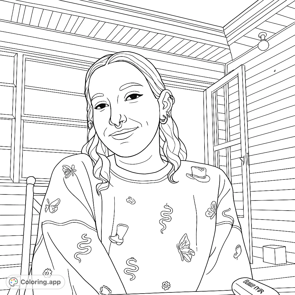 Detailed portrait coloring page of a woman with braids and a patterned sweater. A fun and engaging activity for teens and adults.