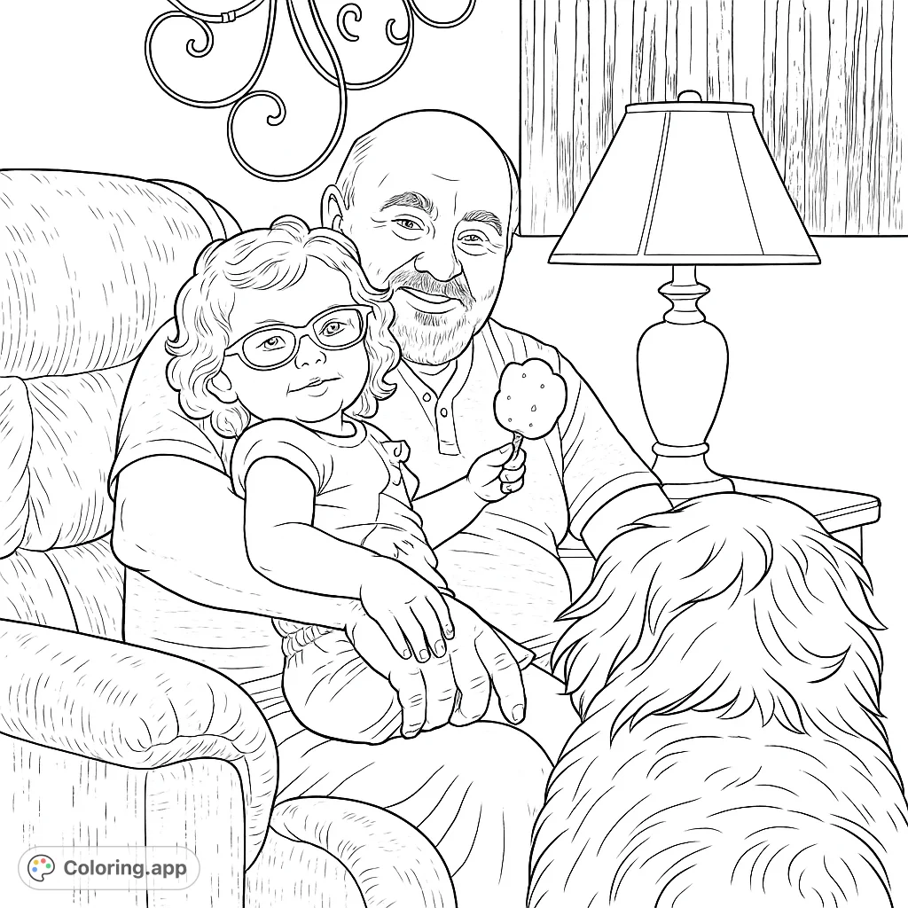 A heartwarming family bonding coloring page featuring a grandpa, child, and their dog in a cozy living room setting. Perfect for all ages.