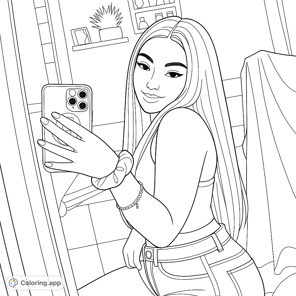 Aesthetic selfie coloring page. Features a stylish girl taking a selfie in her room.