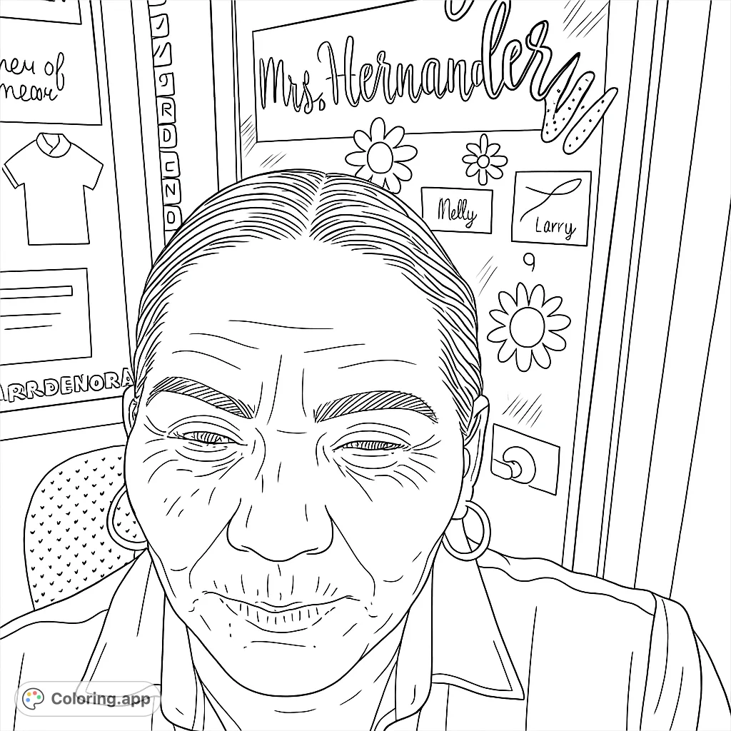 A detailed black and white line drawing of a kind older woman with a warm expression, surrounded by classroom-like elements. Perfect for all ages.
