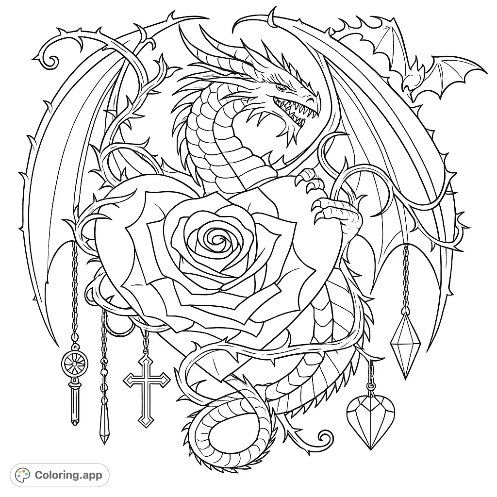 Intricate dragon coiled around a heart-shaped rose, entwined with thorny vines and gothic charms. A fantasy coloring page for detailed art.