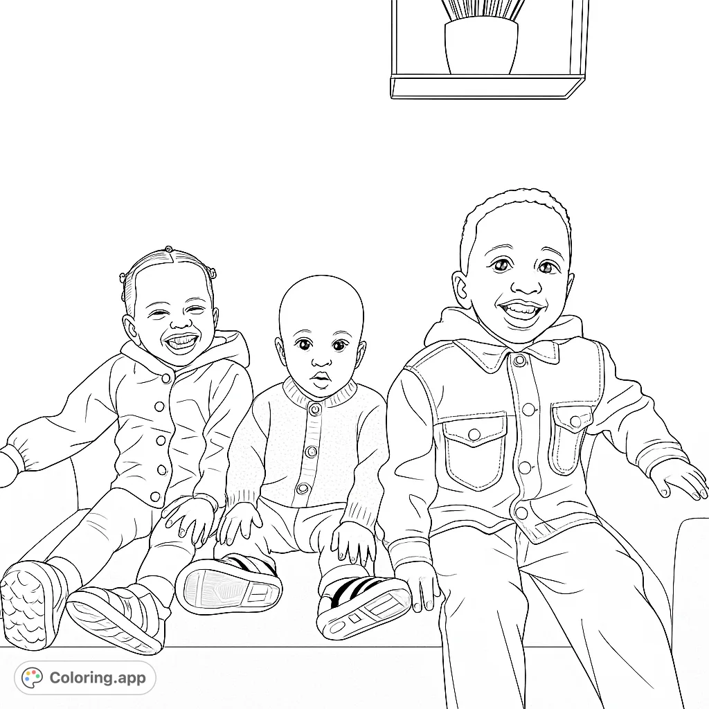 A charming coloring page featuring three adorable children sitting together. A delightful scene to color, perfect for kids and family fun.