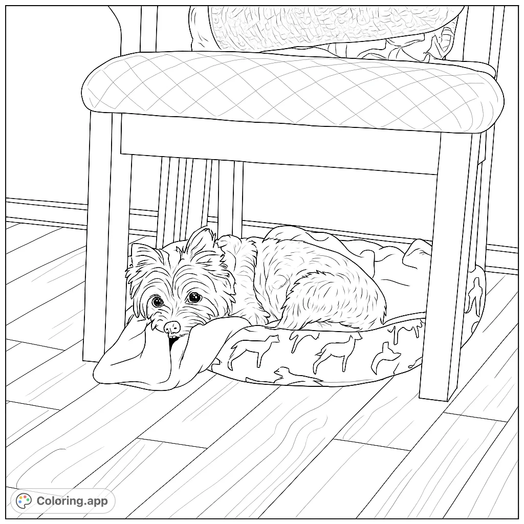 A cute Yorkshire Terrier rests in its dog bed under a chair. This sweet pup is ready for you to color!