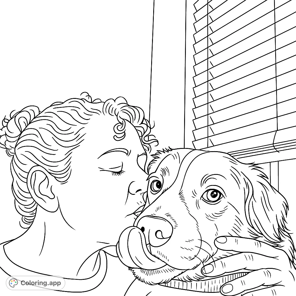 A heartwarming coloring page of a woman kissing her dog. A sweet moment of love and affection to color.